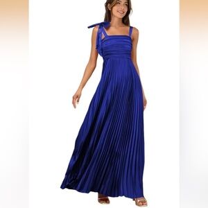 Blue Pleated Bow Shoulder Maxi Dress